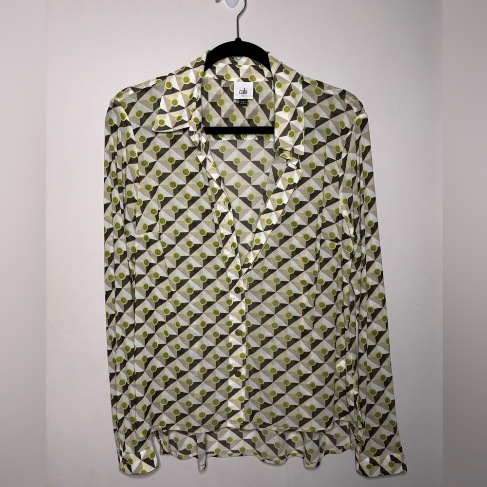 Cabi Geometric Patterned Button up Blouse - Green and White